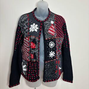 Vintage 90s Embroidered beaded Holiday Sweater Cardigan Black patchwork Large